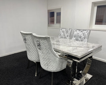 Chelsea 1.5m Grey Marble Table With 4 Silver Roma Chairs