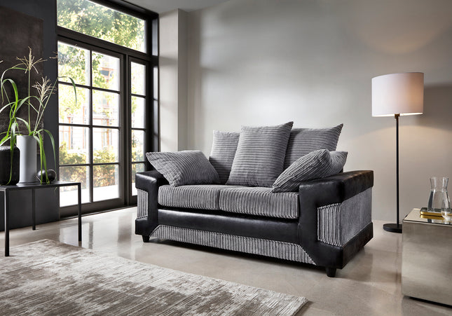 Dino  2 seater - Grey, The Dino embraces a two-toned style with its accent lines that match mix and match scatter back cushions. a hybrid fabric that uses structured cord chenille and high end faux suede leather