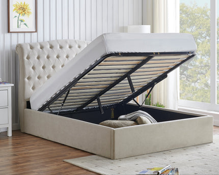 A beige Rosa ottoman bed with a button style headboard, woth storage under the bed