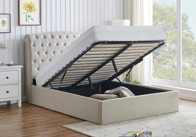 A beige Rosa ottoman bed with a button style headboard, woth storage under the bed