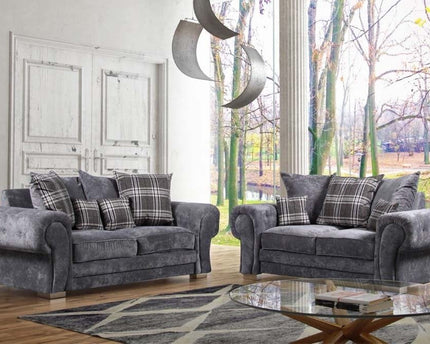 Verona 3+2 seater Pillow Back - Grey foam-filled cushions and soft polyester fabric. button detail on the large square arms