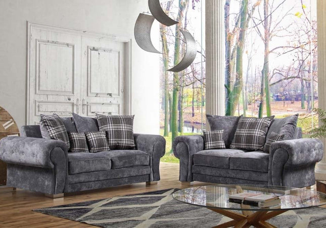 Verona 3+2 seater Pillow Back - Grey foam-filled cushions and soft polyester fabric. button detail on the large square arms