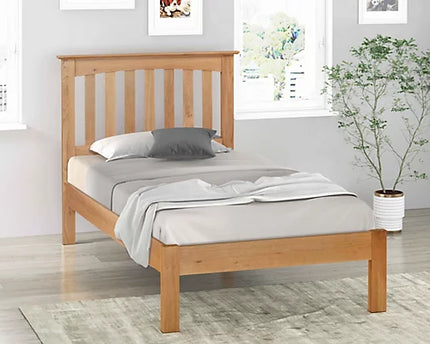 A single-sized solid oak bed frame with a Slatted headboard 