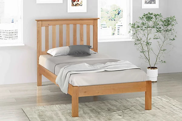 A single-sized solid oak bed frame with a Slatted headboard 