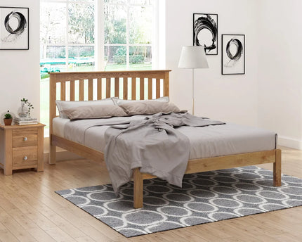 A double oak bed frame wooden panneling for the headboard