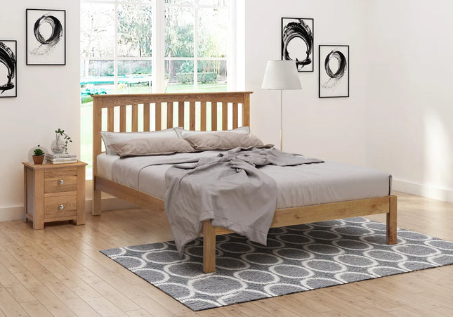 A double oak bed frame wooden panneling for the headboard