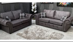Oakmont 3+2 Sofa Set - charcoal,  faux leather three & two seater sofa is soft-to-the-touch and cosy, rounded arms with button detail and  metal studded up the front of the arm. 