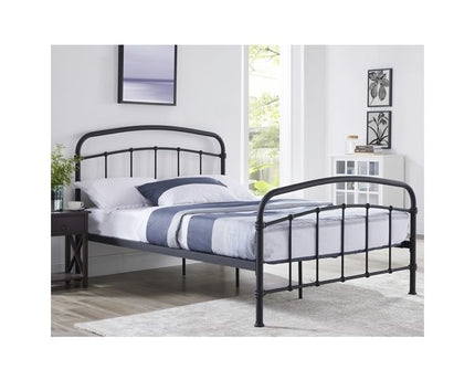 A double black bed frame with a railed headboard 