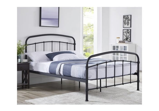 A double black bed frame with a railed headboard 