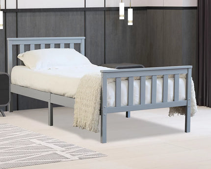 A single grey bed frame made of pine wood with headboard and foot board 