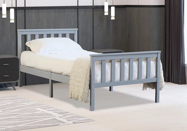 A single grey bed frame made of pine wood with headboard and foot board 