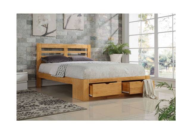 Double oak bed frame with a solid paneled headboard and 2 wooden drawers at the end of the bed 