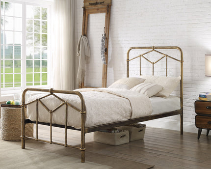 A single bronze bed frame made of steel with a white mattress on 