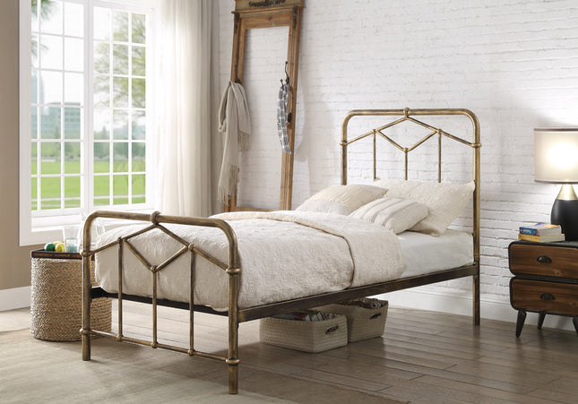 A single bronze bed frame made of steel with a white mattress on 