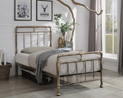 A single bronze-colored metal bed frame with a headboard and footboard, 