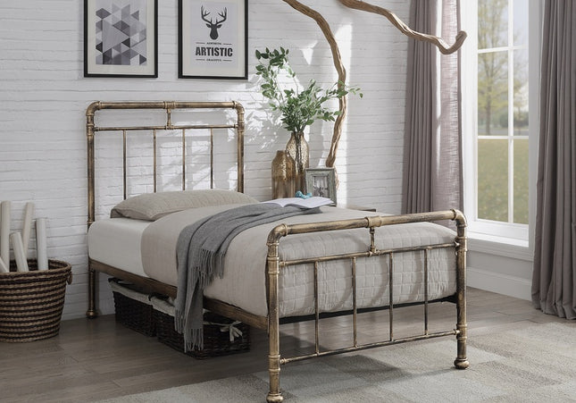 A single bronze-colored metal bed frame with a headboard and footboard, 