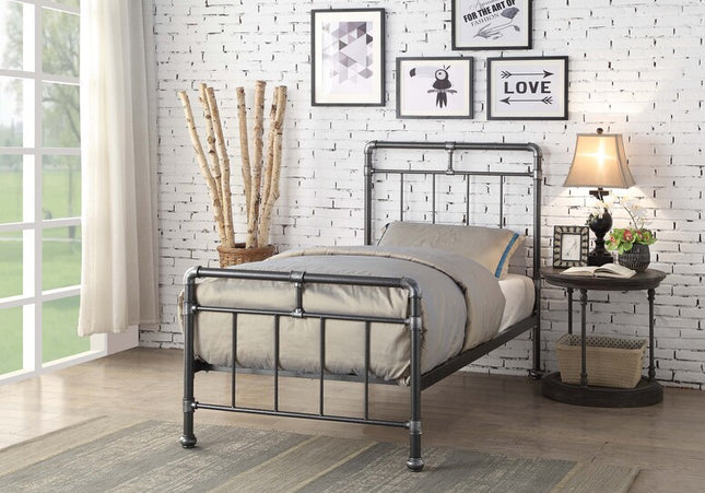 A single steel bed frame.