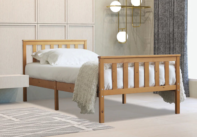 A single oak bed frame with a white mattress and paneled head and foot board