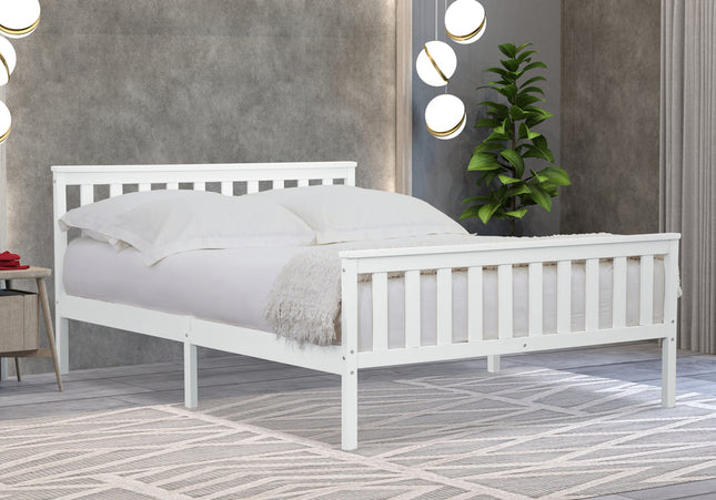 A white wooden double bed frame with a headboard and footboard,