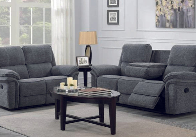 Belmont Manual Recliner 3+2 Set. in a soft touch fabric in a dark grey colour. Contrast stitch piping in a light grey colour adds a touch of luxury to the suite. with drop down console with inbuilt cup holders,