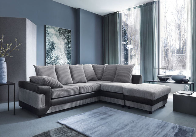 Dino Left Hand Chaise Corner Sofa - Grey, The Dino embraces a two-toned style with its accent lines that match mix and match scatter back cushions. a hybrid fabric that uses structured cord chenille and high end faux suede leather
