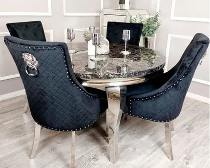 Lewis 1.3m Round Black Marble Table With 4 Black Roma Chairs