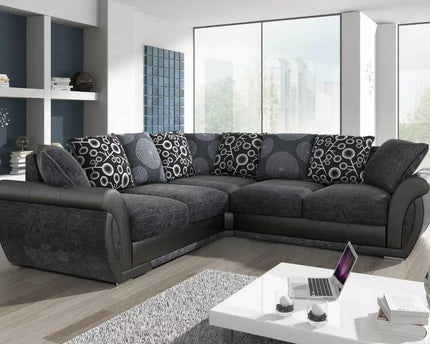 Shannon 2c2 Corner Sofa In Charcoal In Charcoal,  Charcoal chenille fabric with sleek black faux leather trims scatter back cushions with circle patterns you can turn them and have plain cushions