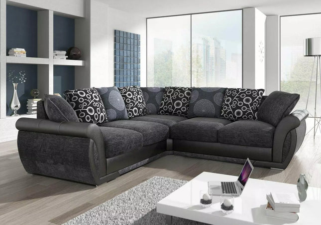 Shannon 2c2 Corner Sofa In Charcoal In Charcoal,  Charcoal chenille fabric with sleek black faux leather trims scatter back cushions with circle patterns you can turn them and have plain cushions