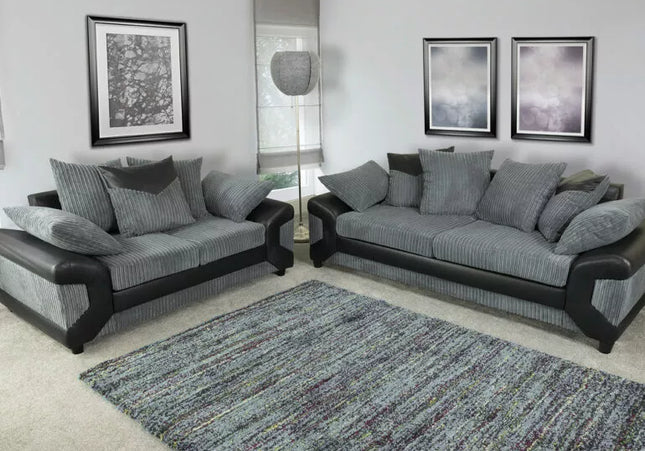 Dino 3 seater+ 2 seater - Grey, The Dino embraces a two-toned style with its accent lines that match mix and match scatter back cushions. a hybrid fabric that uses structured cord chenille and high end faux suede leather