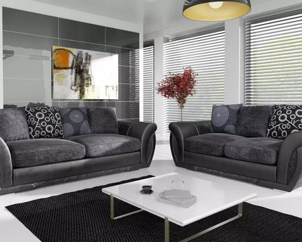 Shannon 3+2 Sofa In Charcoal In Charcoal,  Charcoal chenille fabric with sleek black faux leather trims scatter back cushions with circle patterns you can turn them and have plain cushions