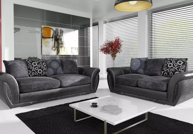 Shannon 3+2 Sofa In Charcoal In Charcoal,  Charcoal chenille fabric with sleek black faux leather trims scatter back cushions with circle patterns you can turn them and have plain cushions