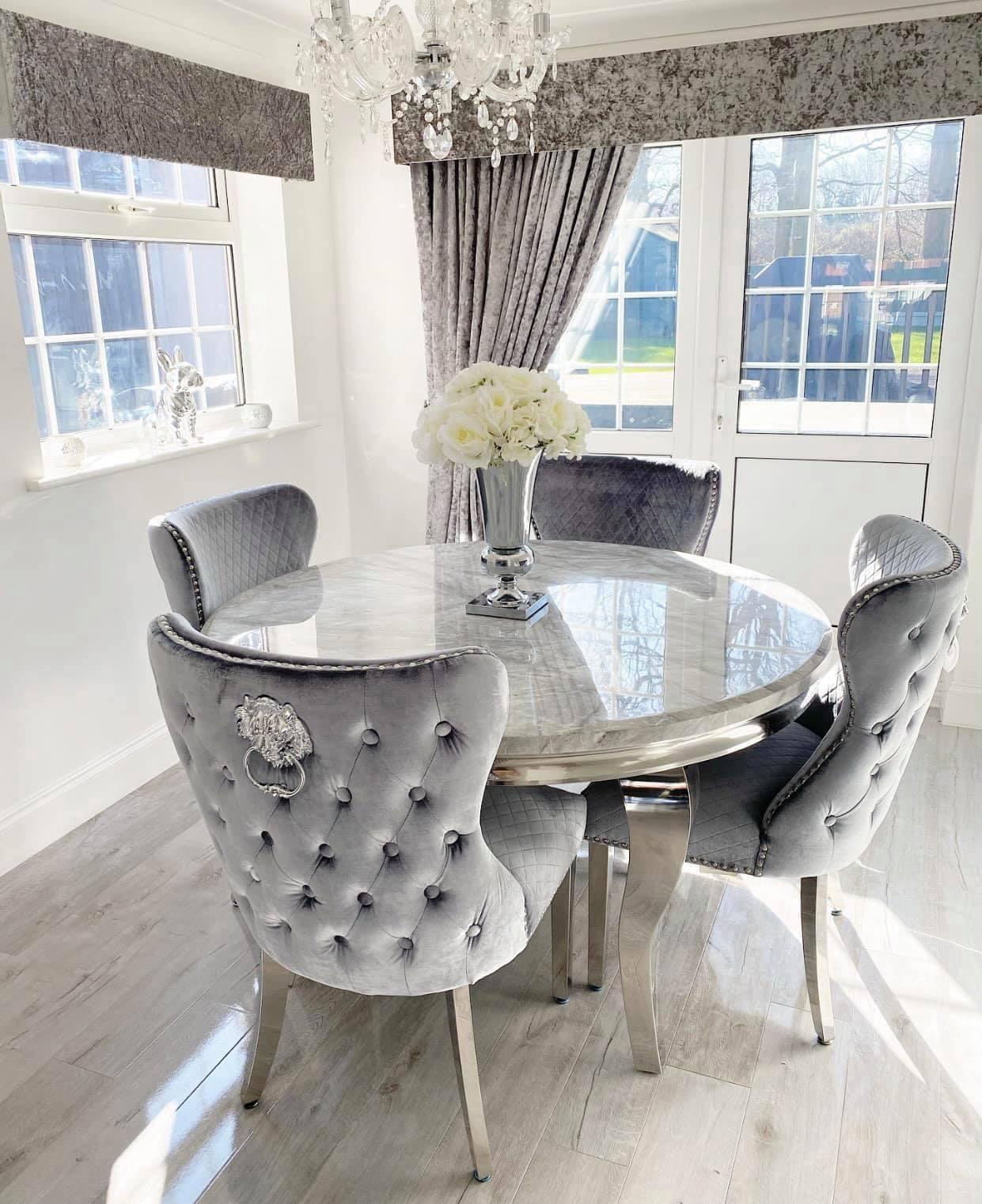 Lewis 1.3m Round Grey Marble Table With 4 Grey Lewis Chairs